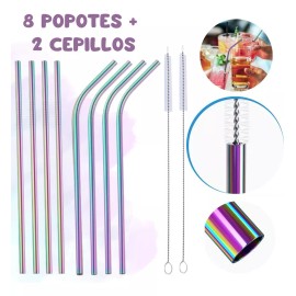 Veraly Set 8 Popotes Acero Inox Ecológicos Lavables Colores 30oz