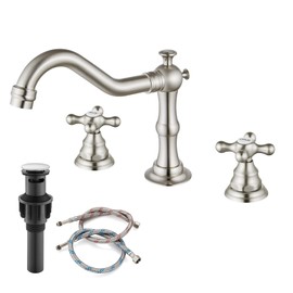 Bathroom Sink Faucet Widespread Brushed Nickel Double Mixing Tap Deck Mount Cross Knobs 3 Hole with Pop Up Drain