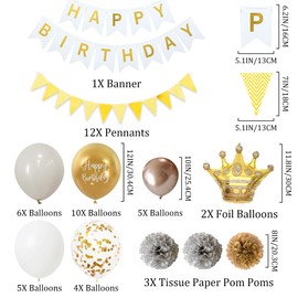 Runyuzi Birthday Decoration Woman Girl Set - White Gold Birthday Decoration Happy Birthday Banner Bunting Garland, Tinsel Curtain Hearts Stars Crown Foil Balloons Confetti Balloons for Birthday Party
