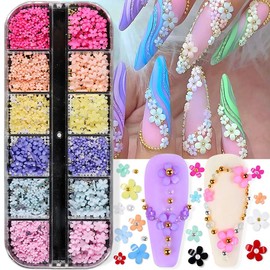 3D Flowers Charms for Nails, 12 Grids Colorful Flower Nail Art Rhinestones Mixed Size Cherry Blossom Acrylic Nail Art Accessories with White Pearls Gold Silver Beads for Women Nail Art Decorations