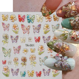 Glitter Butterfly Nail Stickers Flower Nail Decals Shell Luminous Gold Nail Art Sticker Crystal Soft Glue 5D Embossed Nail Art Decorations Manicure Colorful Floral Self Adhesive Stickers Back Adhesive