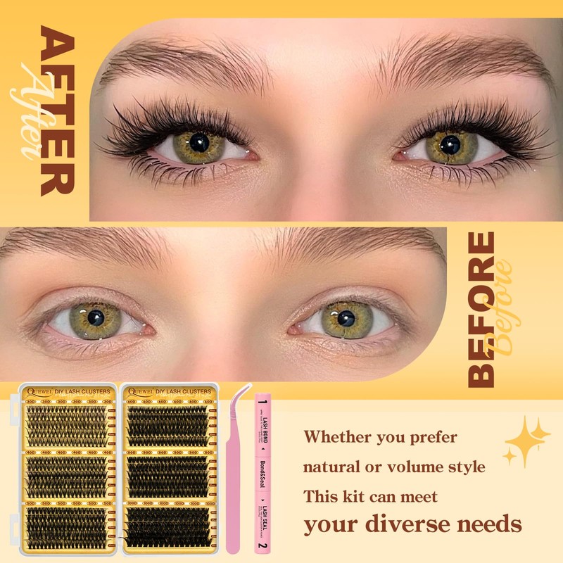 QUEWEL 580PCS Lash Clusters Kit 30D+40D+50D+60D+80D+100D Lashes Clusters Kit 10-18mm