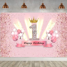 Tecreo 1st Birthday Banner 1st Birthday Decorations Rose Gold Party Decorations Girls Fabric Sign Poster 1st Anniversary Party Crown Birthday Banner Table Decoration Poster Glitter Pink