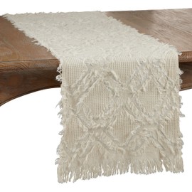 SARO LIFESTYLE Ivoryline Collection Fringe Waffle Weave Table Runner, 16" x 54", Ivory