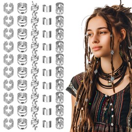 LXUEJIE 50 PCS Silver Hair Jewelry for Braids Accessories, 5 Styles Hair Cuffs for Braids Loc Jewelry for Hair Dreadlocks Adjustable Hair Rings Braid Clips Hair Beads Decorations for Men Women
