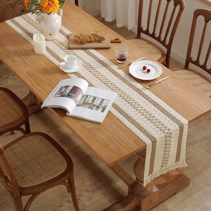 Elegant Table Runner with Long Tassels Cotton Linen Table Runner