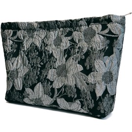 Peachome Floral Makeup Bag, Vintage Jacquard Make Up Bag, Flower Pattern Cosmetic Bag with Zipper, Cute Travel Toiletry Bag, Makeup Pouch Bag for Women, Black, Large