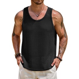 VOGSTART Men's Hollow Out Tanktop Fashion Vest Hollowout Tanktops Sleeveless Mesh Polyester Knitted Basic Tops Black M
