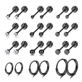 FASACCO Cartilage Earrings Small Tiny Stud Earring Stainless Steel Earring Sets for Multiple Piercing Cartilage Black Flat Earrings for women