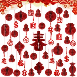 Leinuosen 46 Pcs Chinese Lunar New Year Decorations 2026 Red Paper Honeycomb Ornaments for Tree 3D Paper Lanterns Foldable Hanging Decorations for Asian Japanese Lunar New Year Festival Party Decor