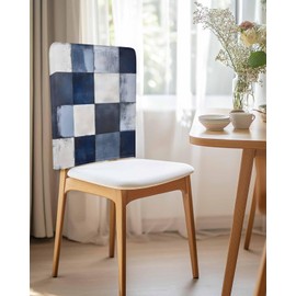 LOVE HOME DAY Chair Back Cover for Dining Room Set of 4 Abstract Minimalist Splicing Plaid Kitchen Chair Protecter Slipcovers for Holiday Party,Wedding,Banquet,Events Decor Watercolor Blue White Grid