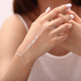 Bomine Crystal Finger Bracelets Ring Hand Chain Beach Slave Bracelet Jewelry for Women(Silver)
