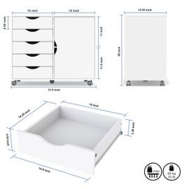 QDSSDECO 5-Drawer Chest with 1 Door, Wooden Storage Chest of Drawers, Mobile Dresser Cabinet with Wheels, Printer Stand for Home Office Bedroom
