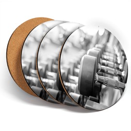 Destination Vinyl ltd Great Coasters (Set of 4) Round - BW - Dumbbell Weights Fitness Fun Drink Glossy Coasters/Tabletop Protection for Any Table Type #38596