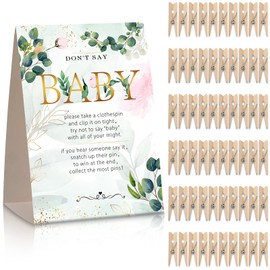 61 Pieces Don't Say Baby Sign 5 x 7 Inch Baby Shower Games and 60 Mini Clothespins Shower Games for Guests Prizes with Baby Shower Pins for Gender Reveal Favors Party Decorations (Greenery Style)