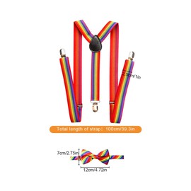 Jagowa Adjustable Rainbow Bow Tie Y-Suspenders for Fancy Dress and Parties,Colourful Elastic Braces with Y-Clip, Unisex Style