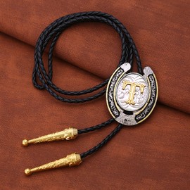 HUABOLA CALYN Gold Bolo Tie for Men- Golden Initial Letter ABCDMJR to Z Native American Western Cowboy Bolo Tie Cowboy Leather Necklace Necktie Costume Accessories for Women (T)