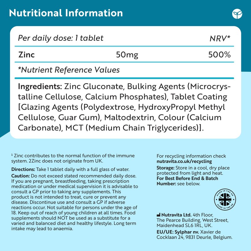 Nutravita Zinc Tablets 50mg – 120 High Strength Vegan Tablets