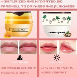 TIRDET 4 PCS Bee Lip Balm Honey Pot, Honey Strawberry Cherry Coconut Sleeping Lip Mask Overnight with Sticks, Exfoliating Prevention Dry and Crack Lip Scrubs