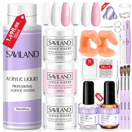 SAVILAND Acrylic Nail Kit for Beginners: White Pink Clear Acrylic Powder and Liquid Set with Nail Dehydrator Primer Brushes Forms Tips Tools Nails Kit Acrylic Set with Everything Home DIY
