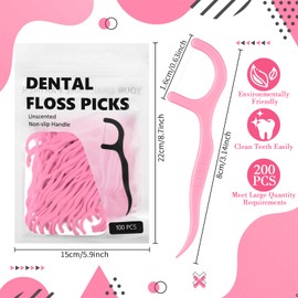 Baderke 200 Count Floss Picks Bulk Non Breakable Tooth Picks Flosser Dental Floss Sticks for Adults Teeth Cleaning Dental Flossers for Family Pack Travel (Pink)
