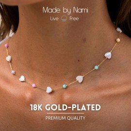 Made by Nami Women's Gold Necklace with Pearls and Hearts Mother of Pearl Heart Chain Made of Surgical Stainless Steel 40 + 5 cm Gifts for Women Waterproof Jewellery Friendship Necklace