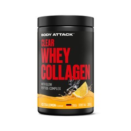 Body Attack Clear Whey Collagen 300 g - Ice Tea Lemon - Mit Glow Collagen Komplex für Muskeln, Haut & Knochen - Collagen Pulver auf Basis von CFM Whey Protein, mit Hyaluronsäure, Kupfer & Vitamin C