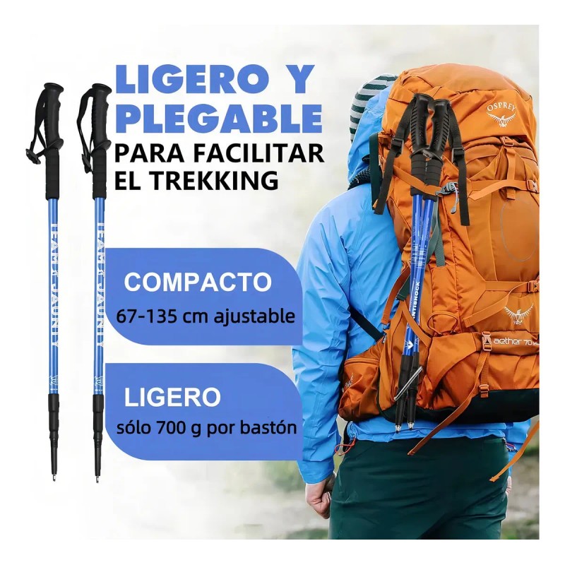 Bastón de Senderismo Plegable Antishock Telescópico Punta de Tungsteno