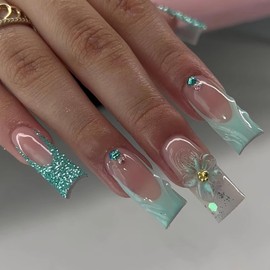 MISUD Press on Nails Long Square Fake Nails Glossy Glue on Nails Summer Green French Tip Acrylic Nails Squoval Artificial Nails Bling Glitter Stick on False Nails with Flower Design 24 pcs