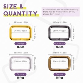 Swpeet S1175 60Pcs Heavy Duty 1 Inch / 25mm Metal Rectangle Ring, Webbing Belts Buckle Metal Rings for for Belt Bags DIY Accessories Keychains Belts and Dog Leash - Sliver, Bronze, Gold, Gun-Black