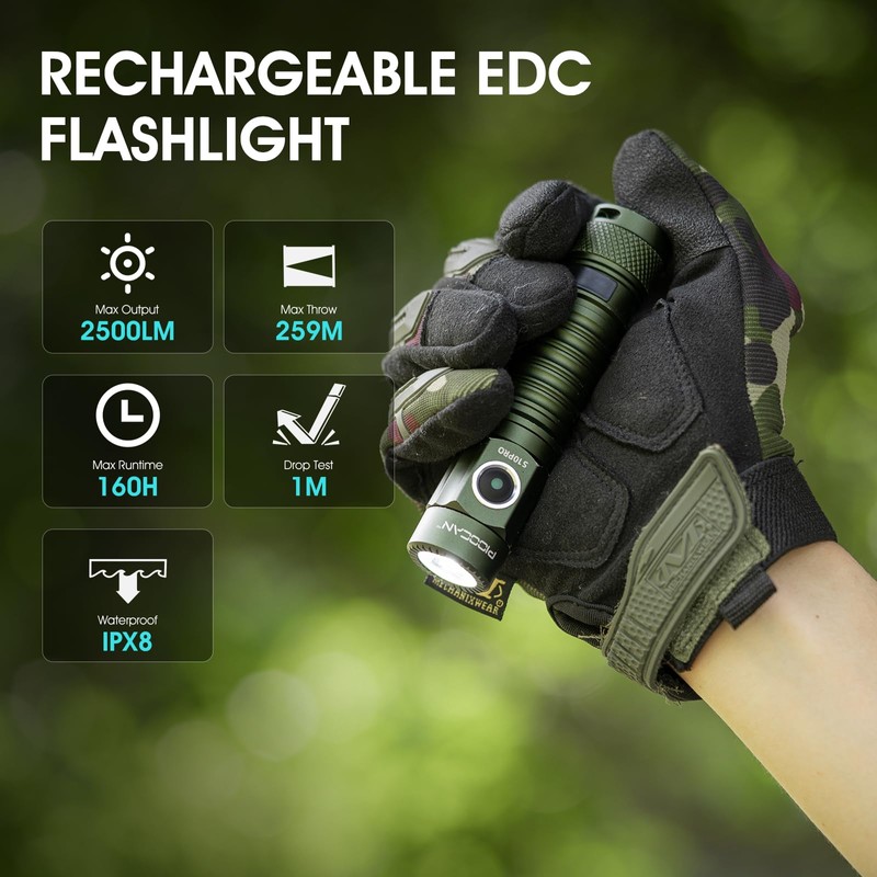 PIOOCAN S10Pro EDC Flashlight Rechargeable,Pocket Flashlight 2500 High Lumen Super