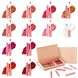 12 Colores Labiales, Mate Larga Duracion Pintalabios Permanente Barra, No pegajoso Lipstick Labios de Hidratante, Labial Set de Maquillaje, Lápiz Labial Líquido de Alta Pigmentación(Rosa)