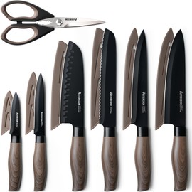 Astercook Juego de cuchillos de cocina de 13 piezas con 6 protectores de cuchilla, revestimiento negro antioxidante y antiadherente, cuchillos de acer