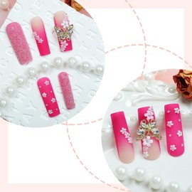 Pink Press on Nails Long Square French Fake Nails 3D Flowers Stick on Nails Gold Butterfly False Nails with Rhinestones Designs Acrylic Nails Matte Full Cover Glue on Nails for Women 24Pcs