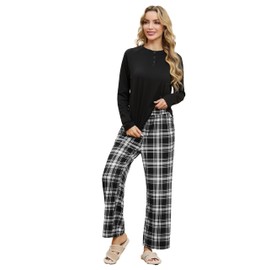 VINTATRE Womens Pajama Sets 2 Piece Long Sleeve Lounge Set Soft Sleepwear Pjs Set with Pockets Black White Plaid L