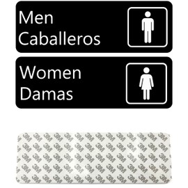 Kraken Sign Co. - Juego de letreros de baño con calcomanía en español e inglés - 9 x 3 pulgadas - Hombre/Caballeros y mujeres/damas - Juego de dos letreros - Negro con letras blancas y gráficos, altamente visible, interior y exterior - Para cafeterías, r