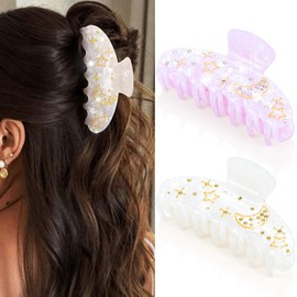 CAKURE Acrylic Claw Clips White Hair Clips Medium Hair Claw Barrettes Hair Accessories for Women (b-white&purple)