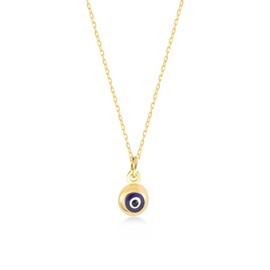 14k Solid Gold Blue Evil Eye Necklace | 14k Yellow Gold Hamsa Necklaces for Women | Round Pendant Necklaces | Dainty Protection Jewelry | Gifts for Birthday, 18"
