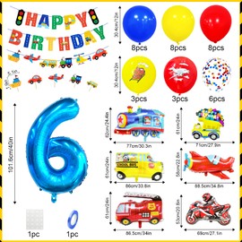 Teselife 6 Birthday Decorations Boys Kids Cars Transportation Birthday Party Decoration Red Blue Yellow Transport Car Theme Balloons Happy Birthday Banner 6 Year Old Birthday Sixth Birthday Supplies