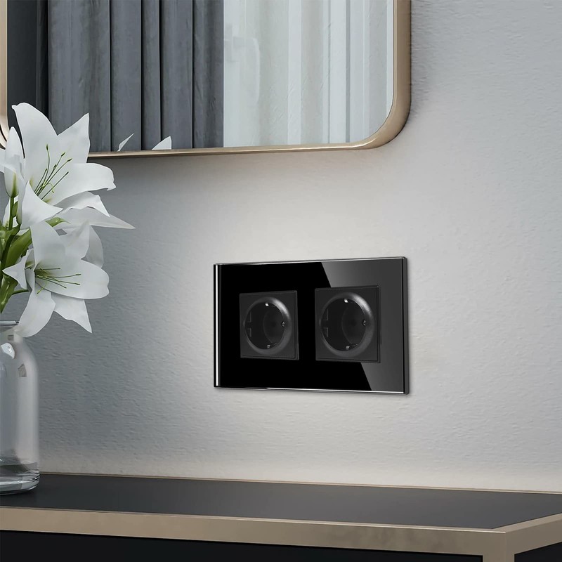 JIMEIDA Double Socket Flush-Mounted 16 Amp with Black, Tempered Glass