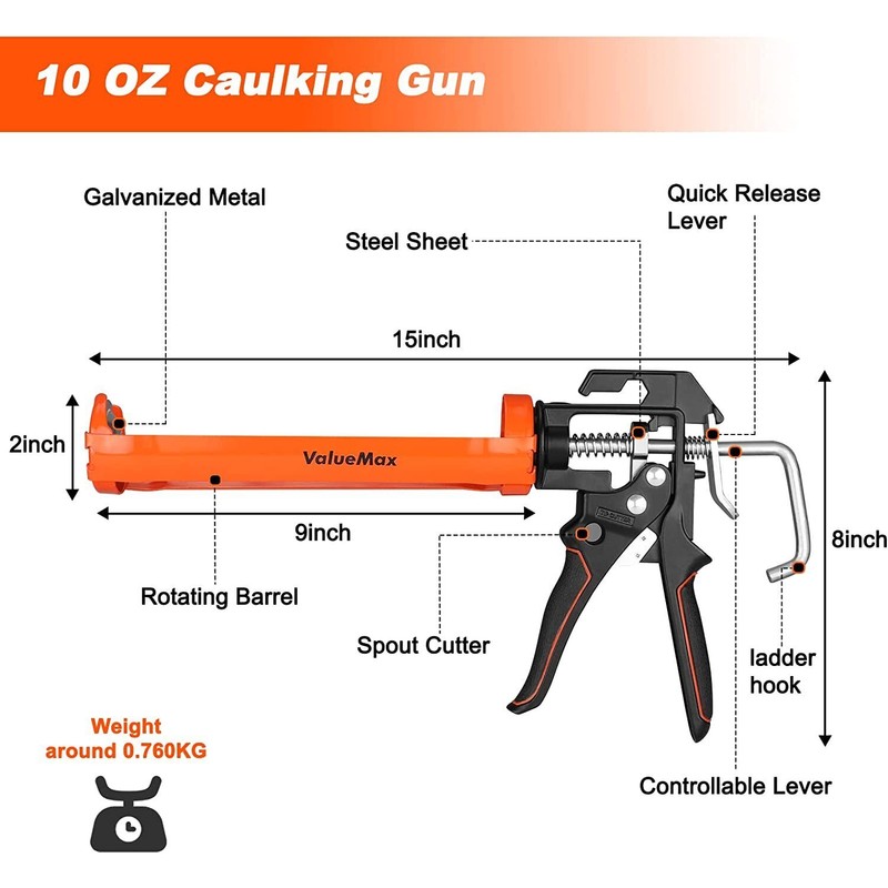 ValueMax Caulk Gun 9Inch Silicone Sealant Caulk Gun for Caulking/Filli