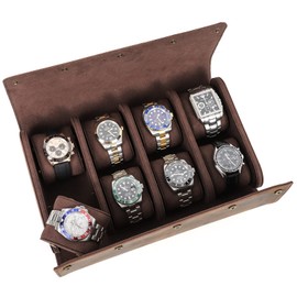 Contacts Travel Watch Case, Genuine Leather Multifunction Portable Protective Case for Jewelry Watch Vintage (Coffee-1143)