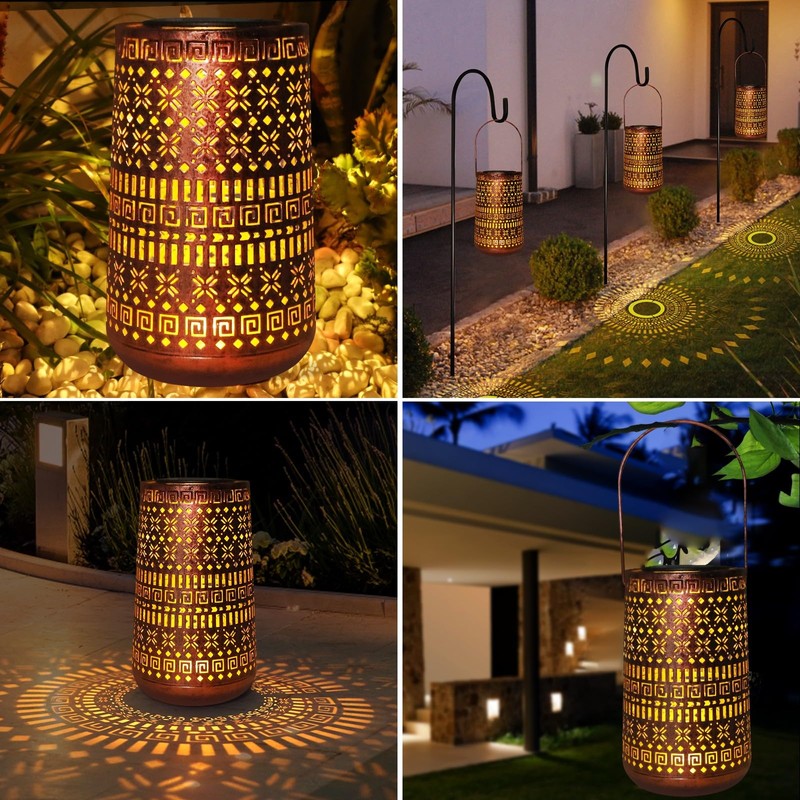 Solar Lantern Outdoor Hanging Lights, Moroccan Metal Hollow-Out Solar Lantern