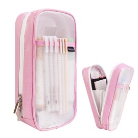 Fmeida Estuche para Lápices con Malla - Estuche Mejorado con 4 Compartimentos, Estuche Transparente para Marcadores, Organizador de Oficina para Universidad y Viajes - Rosa y Blanco