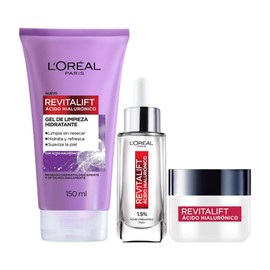 L'Oreal Paris Rutina facial hidratante Revitalift Ácido Hialurónico (3 piezas): Sérum facial 30ml + Gel limpiador 150ml + Crema de día FPS20 50ml. Hidrata y rellena líneas de expresión, para todo tipo de piel