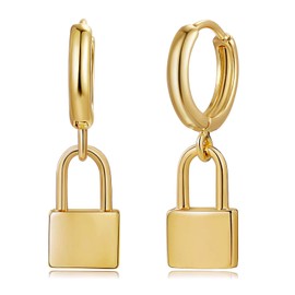 FETTERO Gold Plated Hoop Dangle Earrings Lightweight Drop Huggie Hoop Earrings for Women Hypoallergenic Earrings Dainty Wear -Lock Hoops