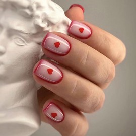 Valentine's Day Press on Nails Short Square French Tip Fake Nails with Red Edge Design Glossy Solid Color False Nails with Glue on Nails, Heart Press on Nails Natural Fit Nail Art Kit for Women 24Pcs