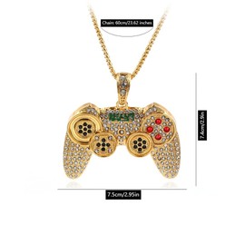 Fun Crystal Game Controller Pendant Necklace for Men - Punk Hip Hop Style Friendship Necklace for Best Friends - Chunky Wide Gamer Necklace for Game Lovers- Unique Christmas Birthday Gifts for Son Grandson (Gold)