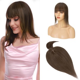 S-noilite Human Hair Toppers With Bang for Thinning Hair Women Real Hair Topper Clip In Hair Extensions 100% Remy Real Human Hair 38g（#2-1 Dark Green Brown, 12 Inch)