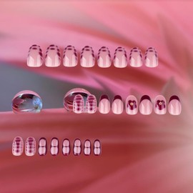 Peach Blossom Acrylic Full Cover Fake Nails Flower Press on Nails 24Pcs Tortoise Pattern Gel Glue on Fingernails Glossy Red French Short Almond False Nail Pearl Stick on Nail for Holiday Manicure Art